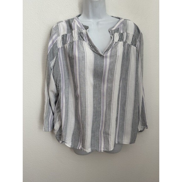 Splendid Women's Blouse V-Neck Viscose Linen Peasant White Stripe Boho Beach L - Picture 1 of 7